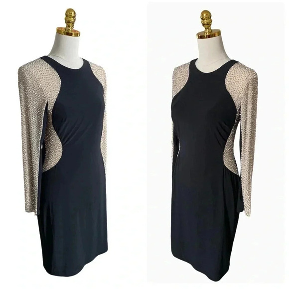 XSCAPE | Crystals Embellished Mesh-Trimmed Sheath Black Evening Dress Size 10 - Picture 4 of 14